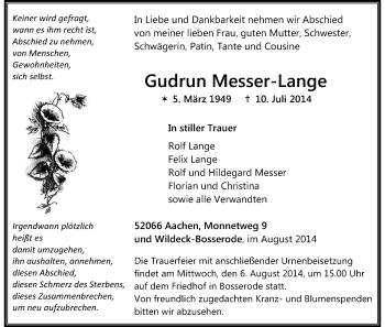 Todesanzeige von Gudrun Messer-Lange von HNA