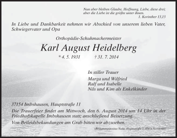 Todesanzeige von Karl August Heidelberg von HNA