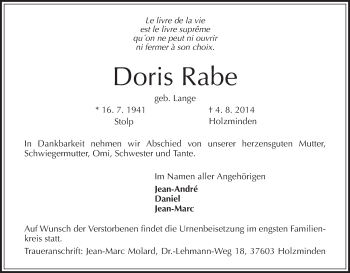 Todesanzeige von Doris Rabe von HNA