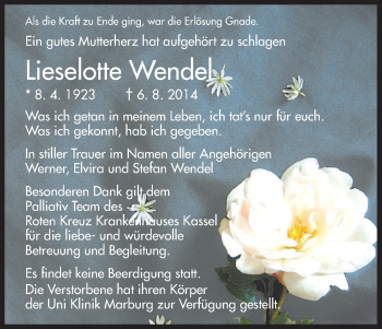 Todesanzeige von Lieselotte Wendel von HNA