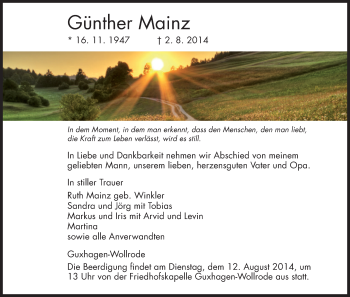 Todesanzeige von Günther Mainz von HNA