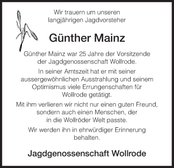 Todesanzeige von Günther Mainz von HNA