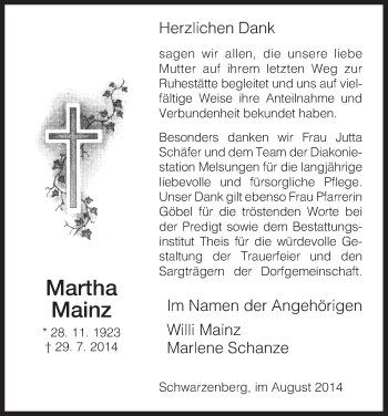 Todesanzeige von Martha Mainz von HNA