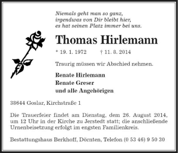 Todesanzeige von Thomas Hirlemann von HNA