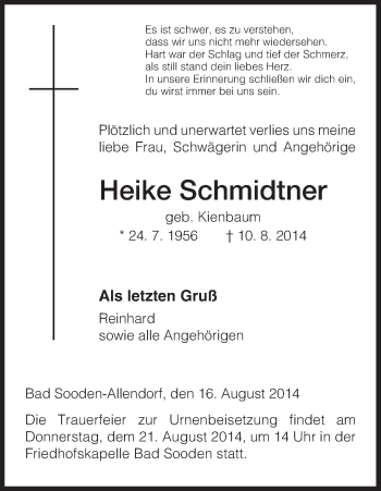 Todesanzeige von Heike Schmidtner von HNA