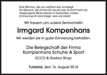 Todesanzeige von Irmgard Kompenhans von HNA