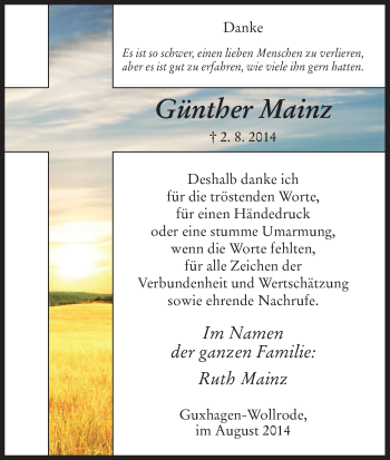 Todesanzeige von Günther Mainz von HNA