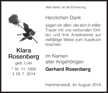 Todesanzeige von Klara Rosenberg von HNA