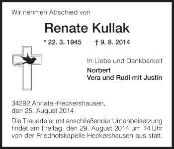 Todesanzeige von Renate Kullak von HNA
