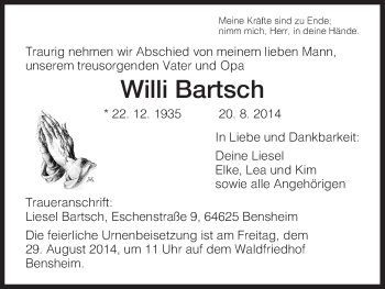 Todesanzeige von Willi Bartsch von HNA