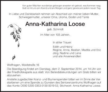 Todesanzeige von Anna-Katharina Loose von HNA