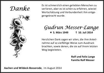 Todesanzeige von Gudrun Messer-Lange von HNA