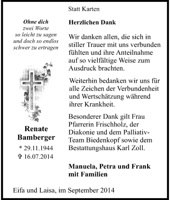 Todesanzeige von Renate Bamberger von HNA