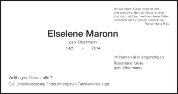 Todesanzeige von Elselene Maronn von HNA