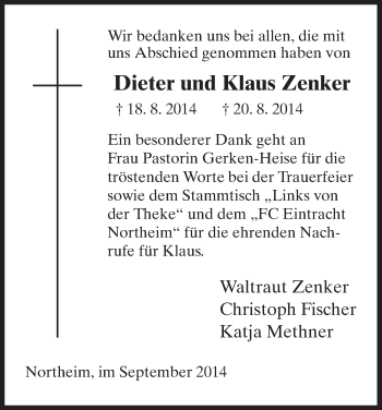 Todesanzeige von Dieter und Klaus Zenker von HNA