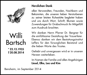 Todesanzeige von Willi Bartsch von HNA