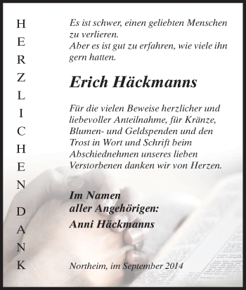 Todesanzeige von Erich Häckmanns von HNA