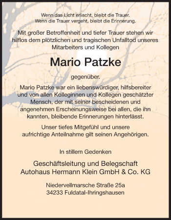 Todesanzeige von Mario Patzke von HNA
