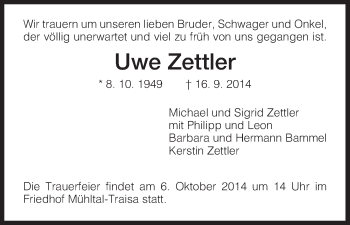 Todesanzeige von Uwe Zettler von HNA