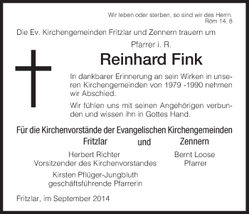 Todesanzeige von Reinhard Fink von HNA