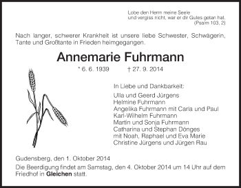 Todesanzeige von Annemarie Fuhrmann von HNA