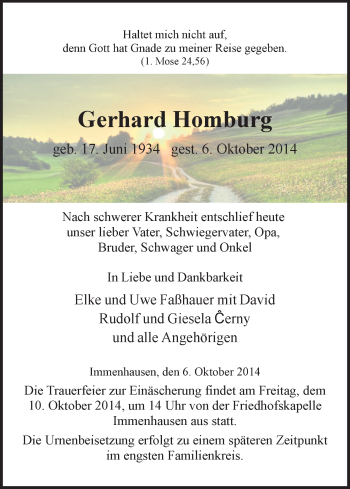 Todesanzeige von Gerhard Homburg von HNA