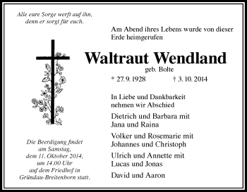 Todesanzeige von Waltraut Wendland von HNA