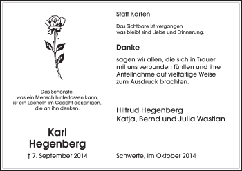 Todesanzeige von Karl Hegenberg von HNA