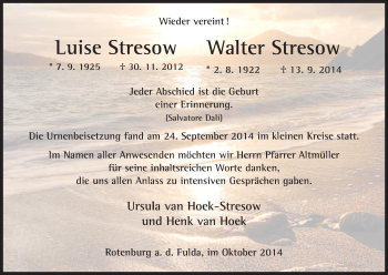 Todesanzeige von Luise und Walter Stresow von HNA
