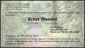 Todesanzeige von Ernst Wendel von HNA