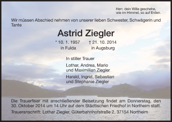Todesanzeige von Astrid Ziegler von HNA