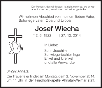Todesanzeige von Josef Wiecha von HNA