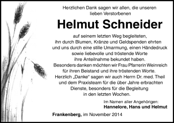 Todesanzeige von Helmut Schneider von HNA
