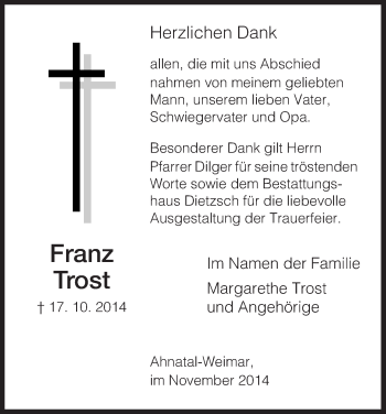 Todesanzeige von Franz Trost von HNA