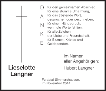 Todesanzeige von Lieselotte Langner von HNA