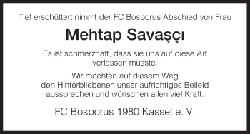 Todesanzeige von Mehtap Savasci von HNA