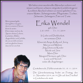 Todesanzeige von Erika Wendel von HNA
