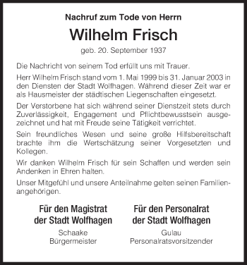 Todesanzeige von Wilhelm Frisch von HNA