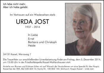 Todesanzeige von Urda Jost von HNA