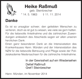 Todesanzeige von Heike Raßmuß von HNA