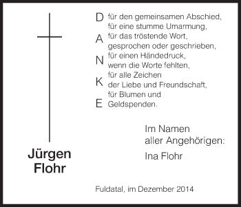 Todesanzeige von Jürgen Flohr von HNA