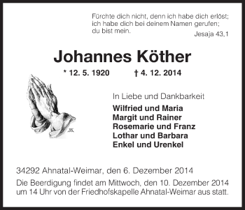 Todesanzeige von Johannes Köther von HNA