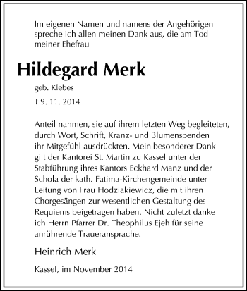 Todesanzeige von Hildegard Merk von HNA