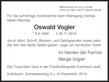 Todesanzeige von Oswald Vogler von HNA