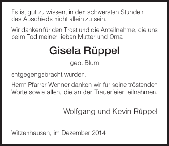 Todesanzeige von Gisela Rüppel von HNA