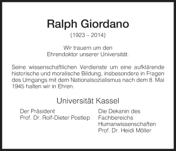 Todesanzeige von Ralph Giordano von HNA
