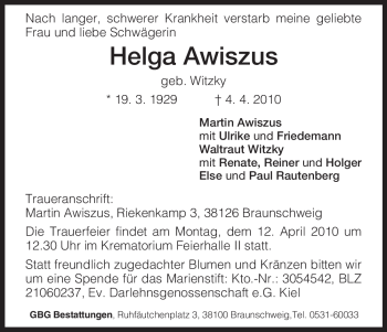 Todesanzeige von Helga Awiszus von HNA