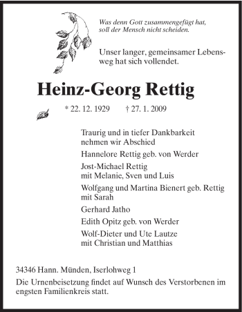 Todesanzeige von Heinz-Georg Rettig von HNA