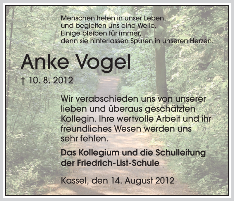  Traueranzeige für Anke Vogel vom 14.08.2012 aus HNA
