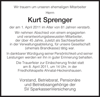 Todesanzeige von Kurt Sprenger von HNA